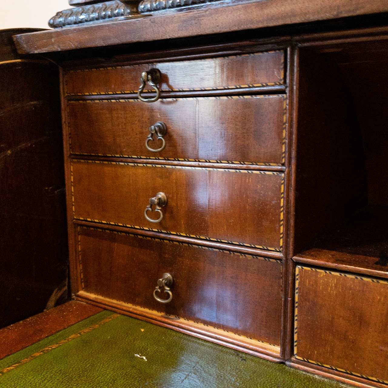 Antique Roll Front Secretary With Flame Mahogany Veneers