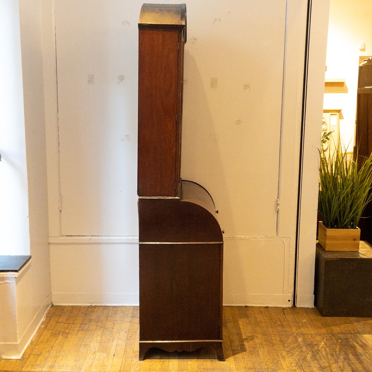 Antique Roll Front Secretary With Flame Mahogany Veneers