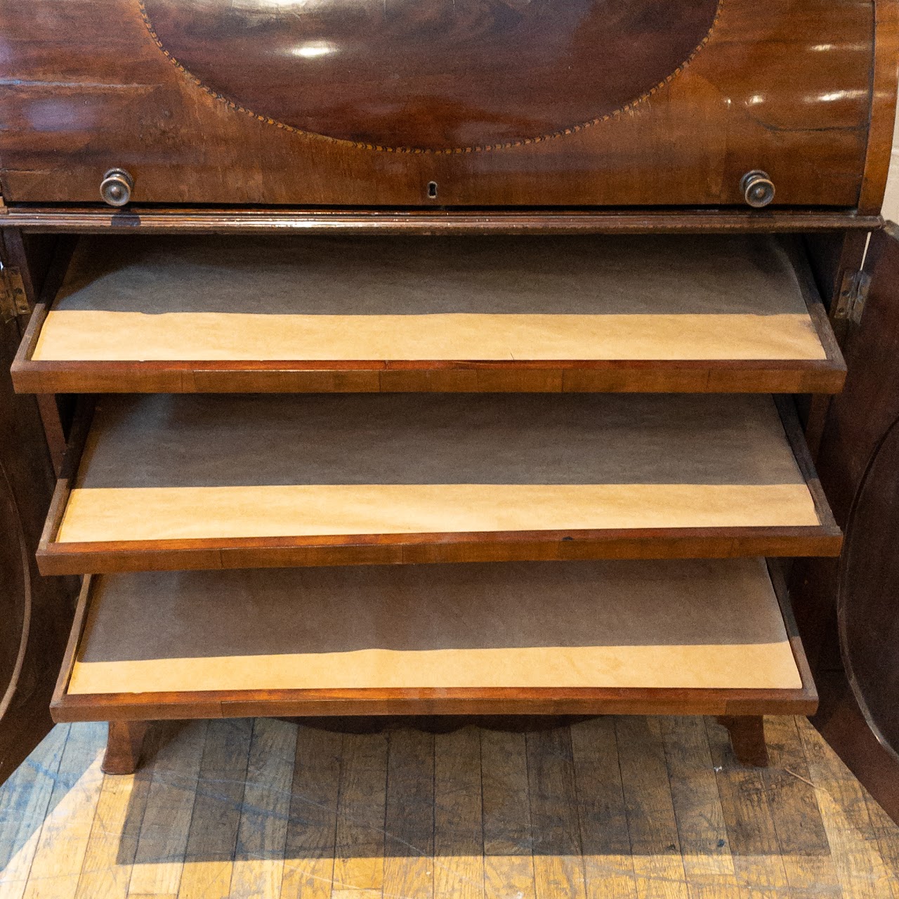 Antique Roll Front Secretary With Flame Mahogany Veneers