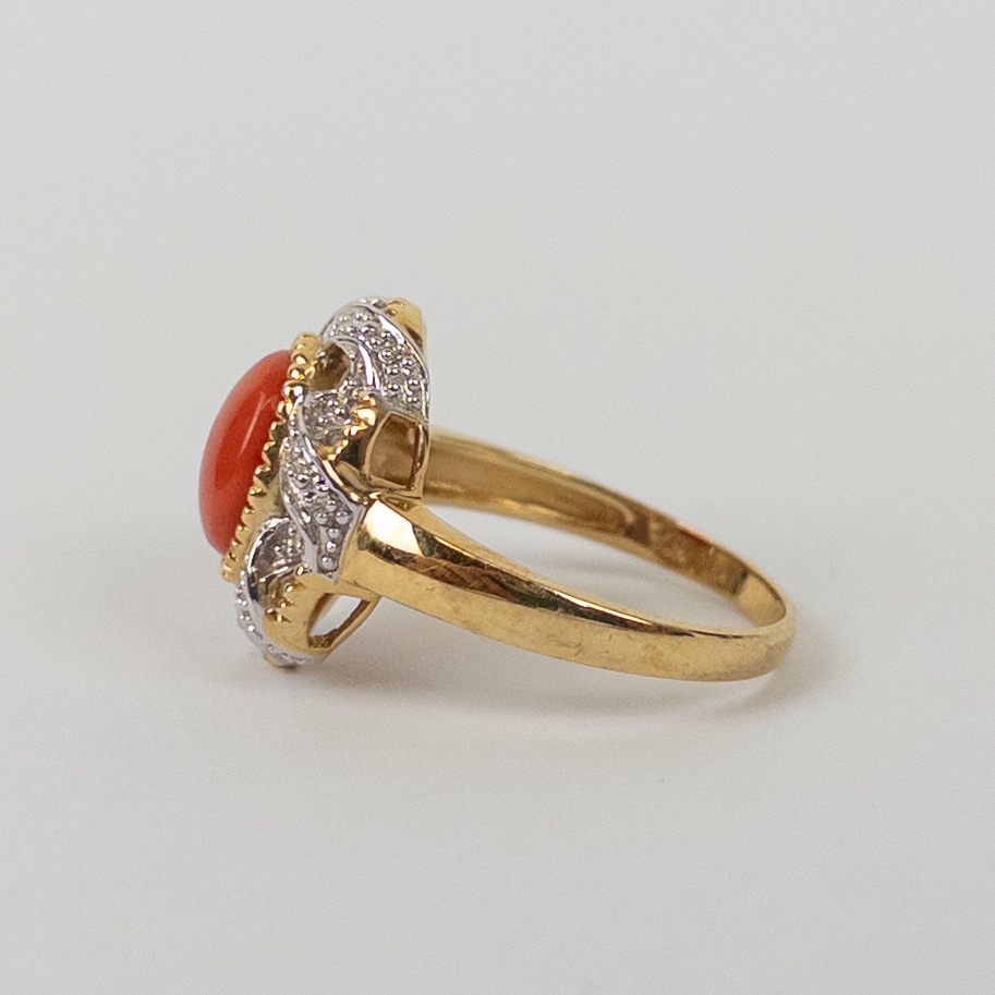 14K Gold, Diamond and Red Coral Ring