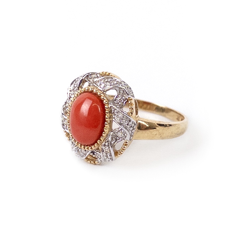 14K Gold, Diamond and Red Coral Ring