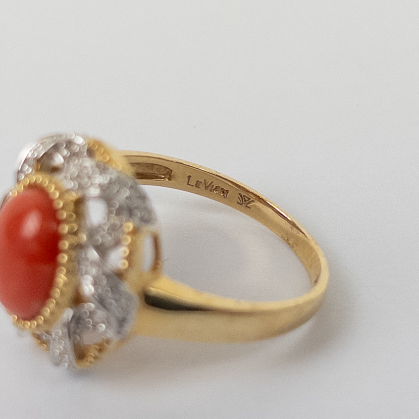 14K Gold, Diamond and Red Coral Ring