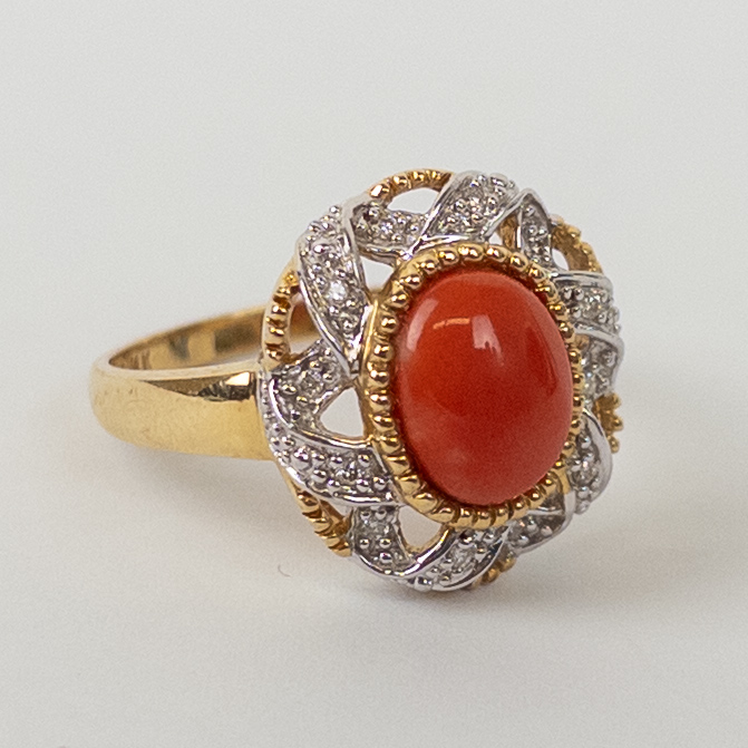 14K Gold, Diamond and Red Coral Ring