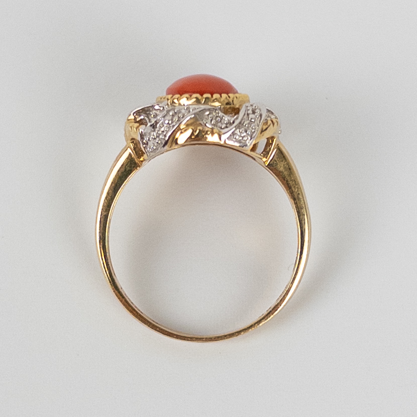 14K Gold, Diamond and Red Coral Ring