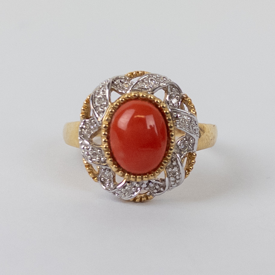 14K Gold, Diamond and Red Coral Ring