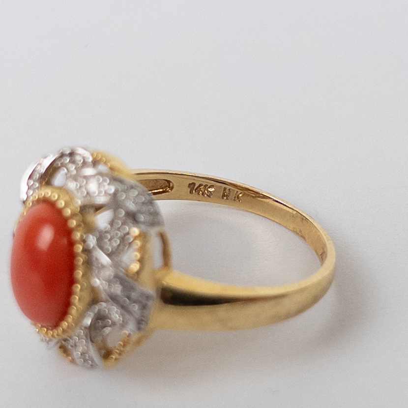 14K Gold, Diamond and Red Coral Ring