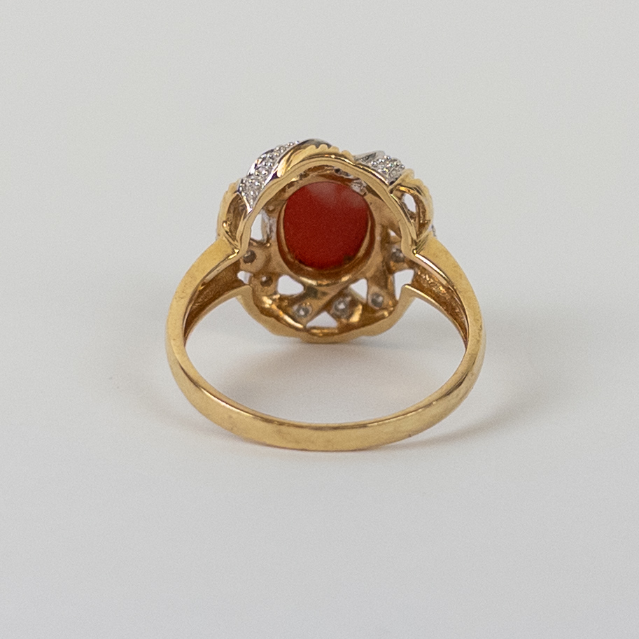 14K Gold, Diamond and Red Coral Ring