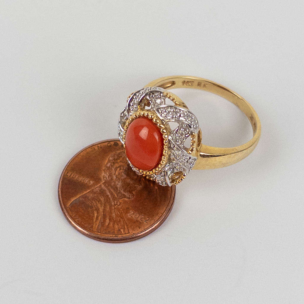 14K Gold, Diamond and Red Coral Ring