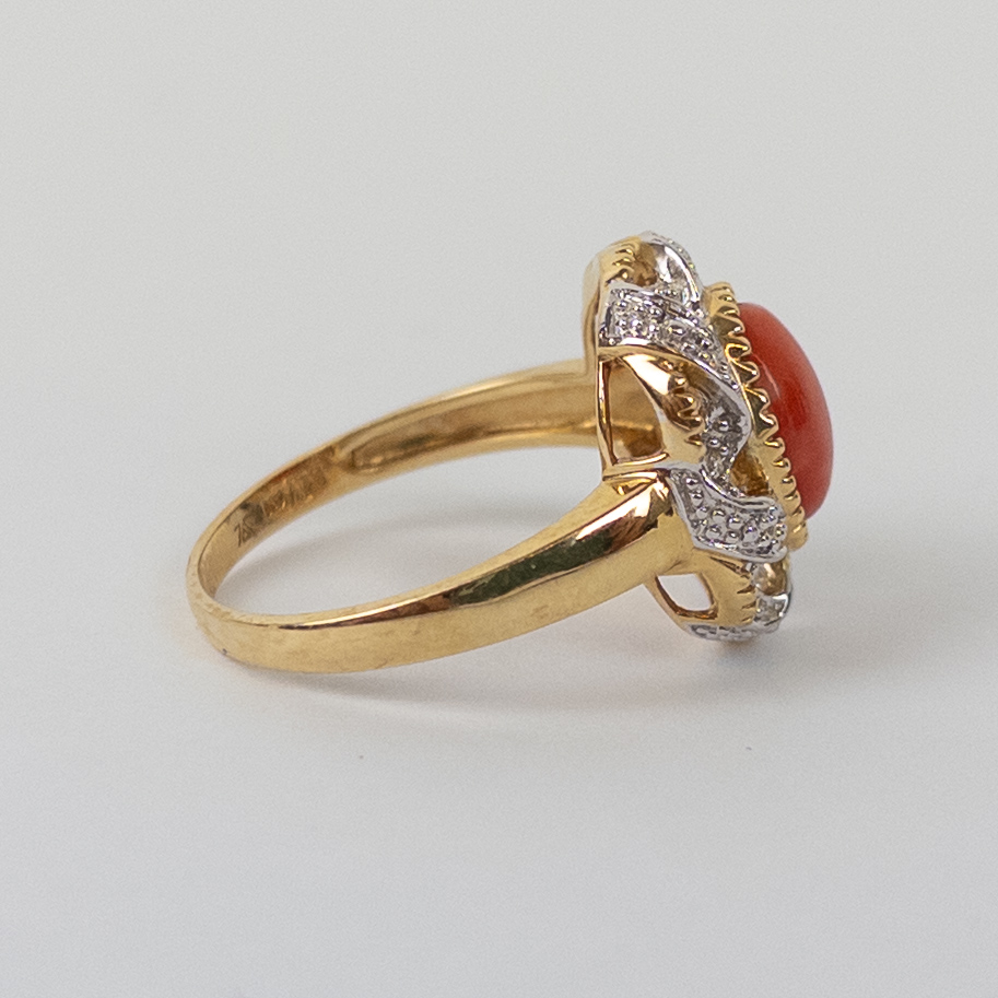 14K Gold, Diamond and Red Coral Ring