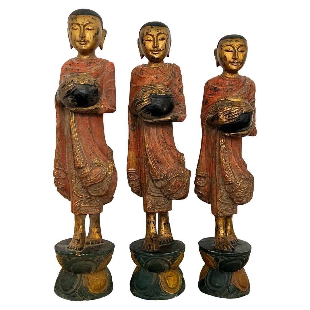 Burmese Buddhist Monk Carving Trio