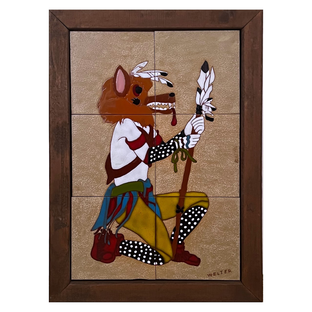 Welter Signed Wolf Kachina Ceramic Tile Wall Hanging