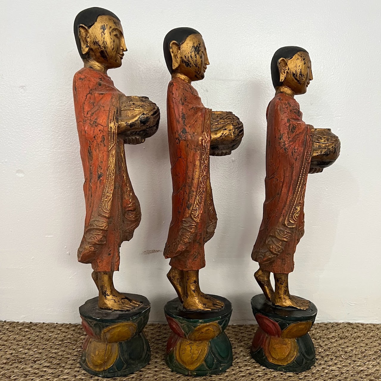 Burmese Buddhist Monk Carving Trio