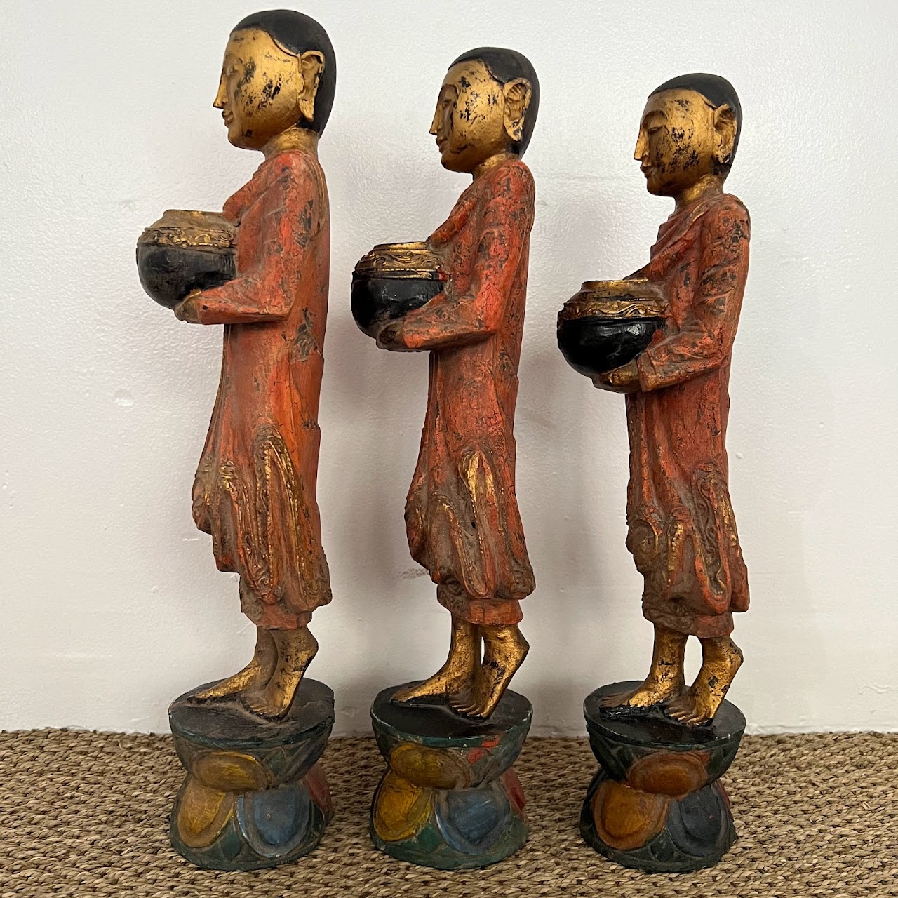 Burmese Buddhist Monk Carving Trio