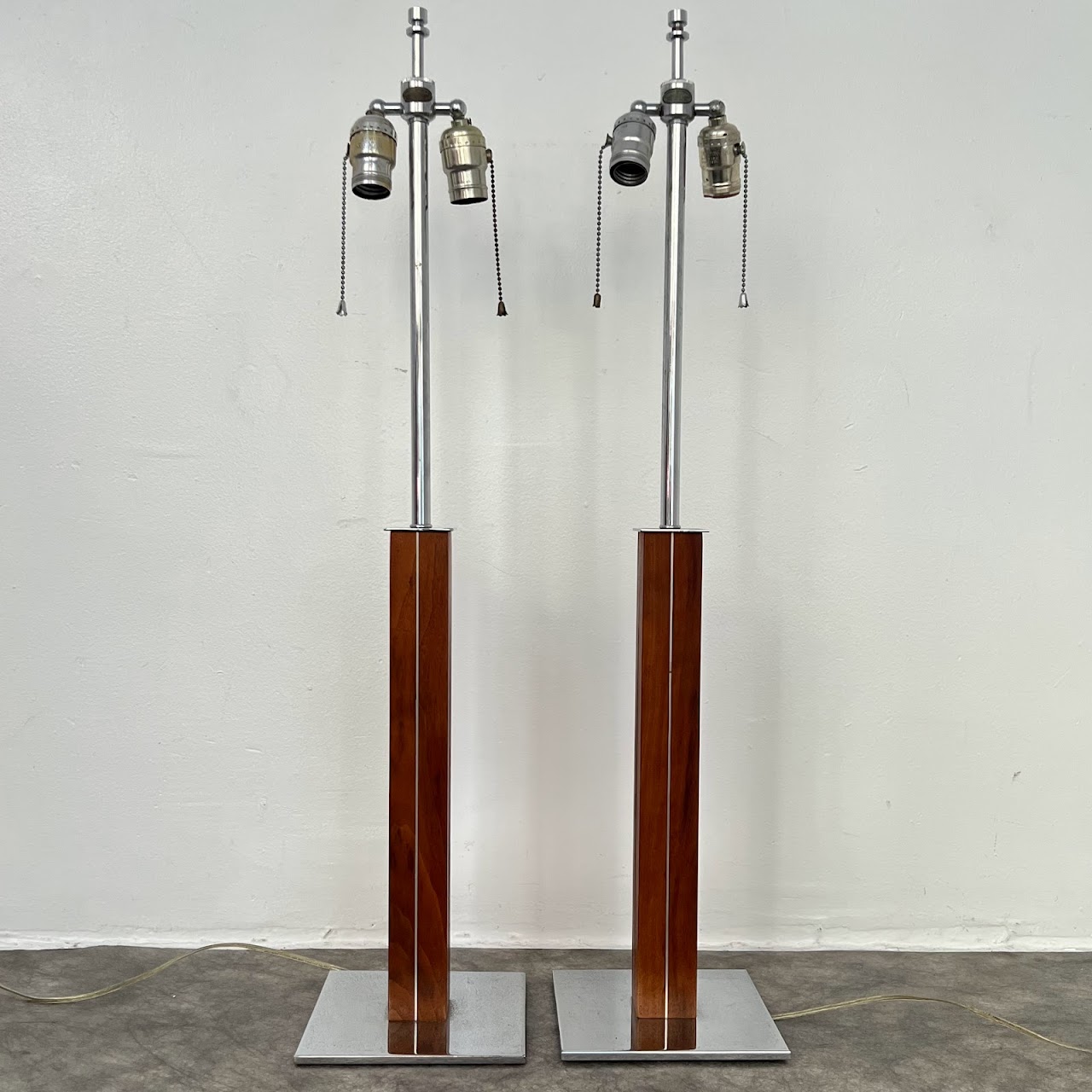 Walter von Nessen Chrome & Walnut Mid-Century Modernist Table Lamp Pair