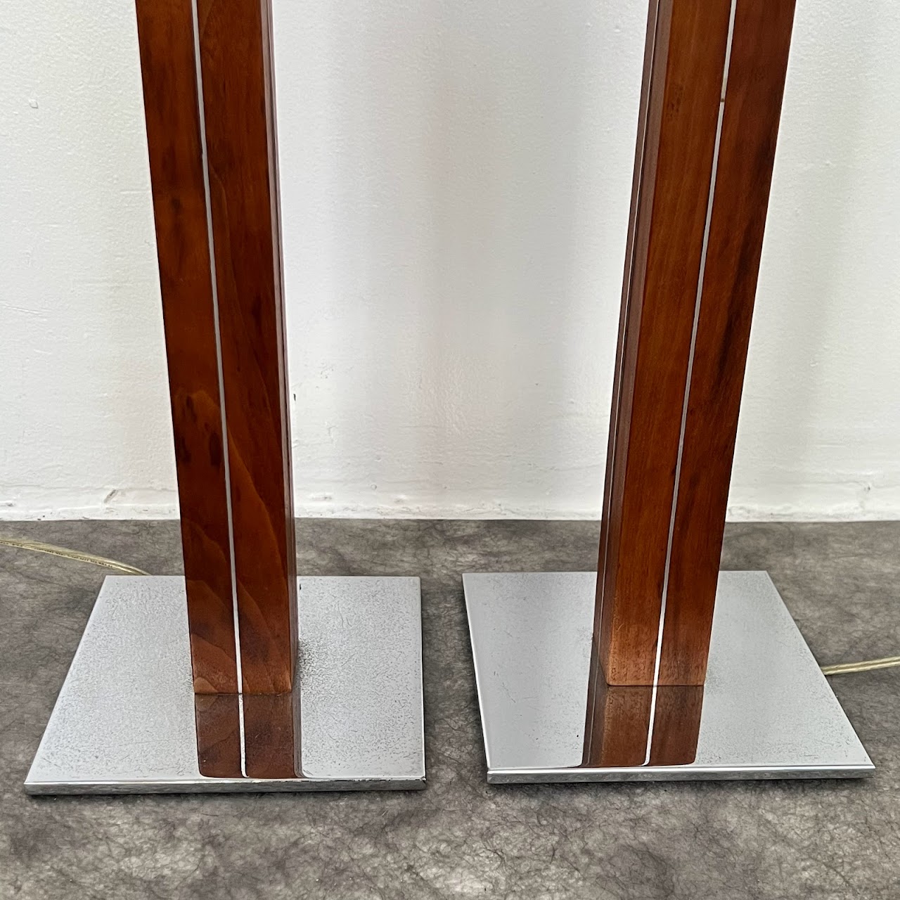 Walter von Nessen Chrome & Walnut Mid-Century Modernist Table Lamp Pair