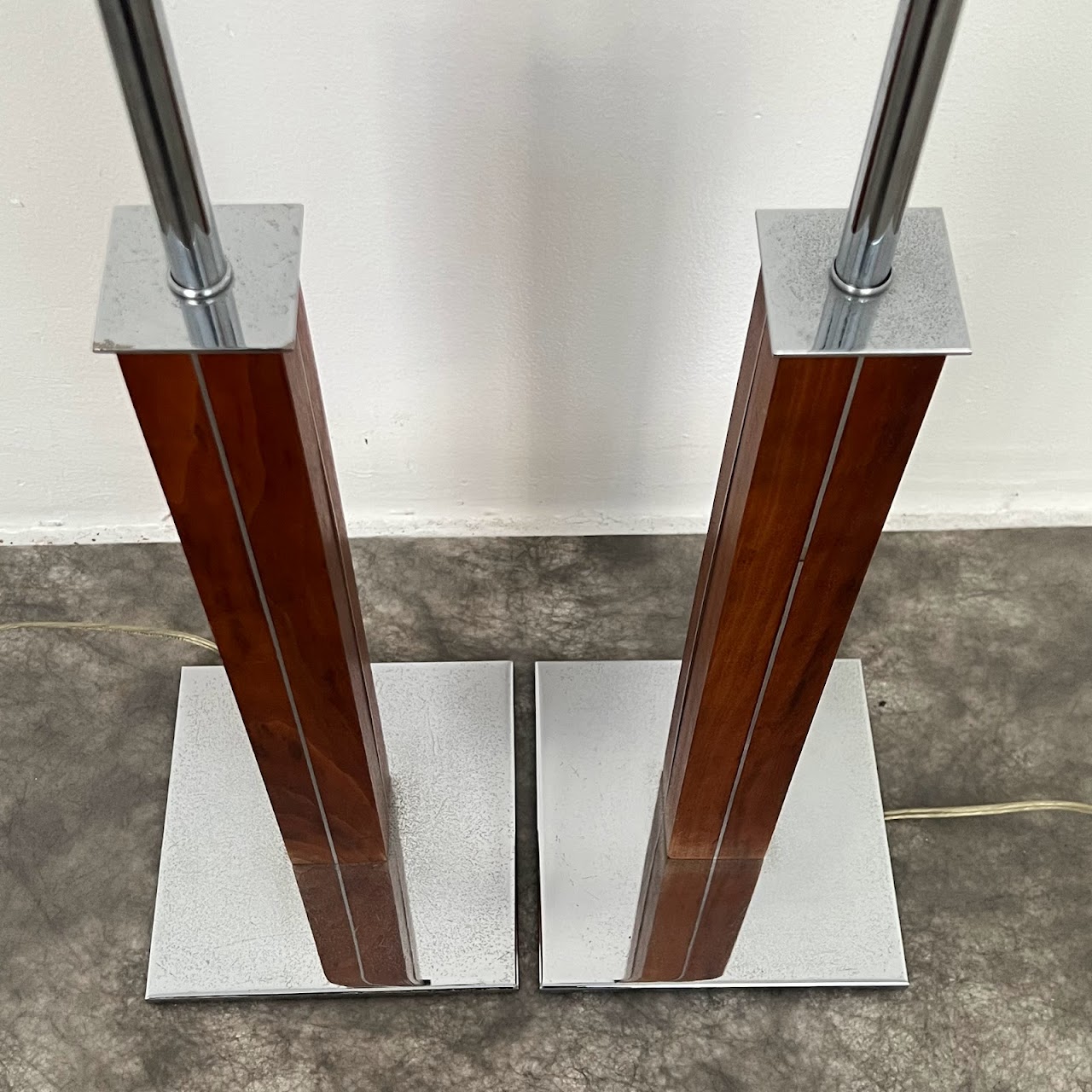 Walter von Nessen Chrome & Walnut Mid-Century Modernist Table Lamp Pair