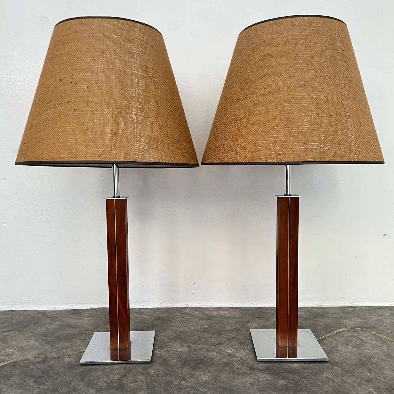 Walter von Nessen Chrome & Walnut Mid-Century Modernist Table Lamp Pair