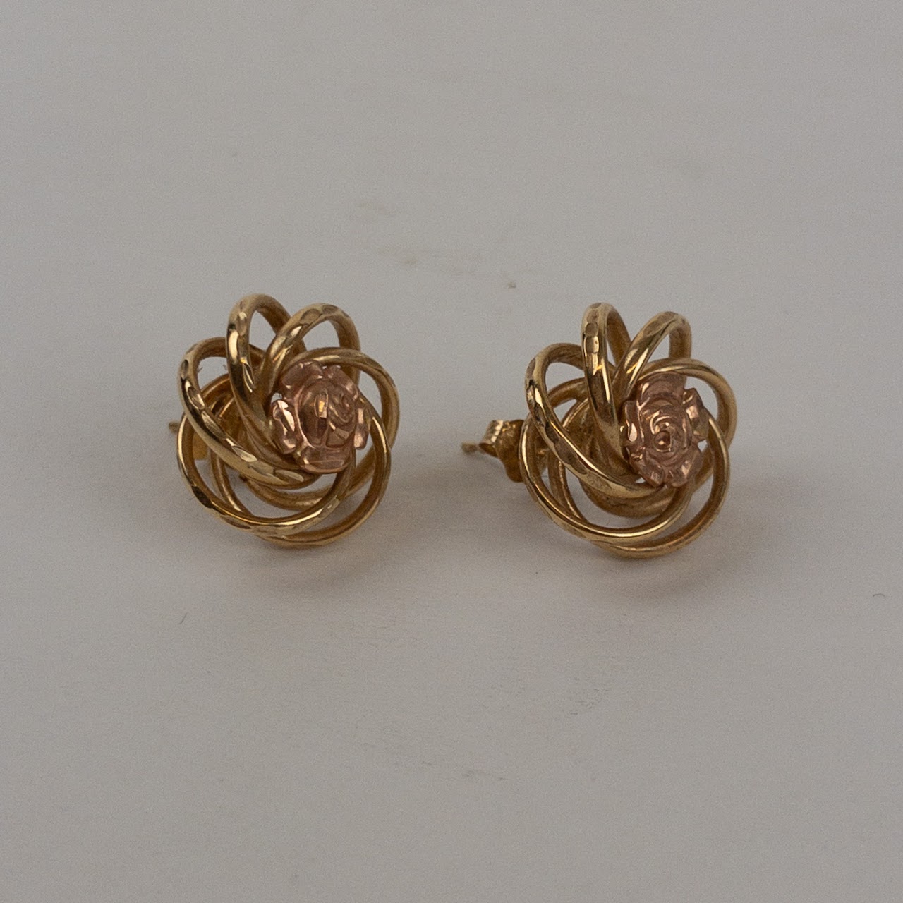 14K Yellow & Rose Gold Modernist Floral Motif Earrings