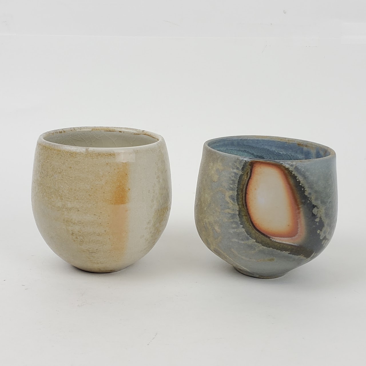 Signed Ceramic Hand Made Stemless Goblet Pair