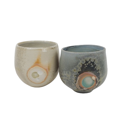 Signed Ceramic Hand Made Stemless Goblet Pair