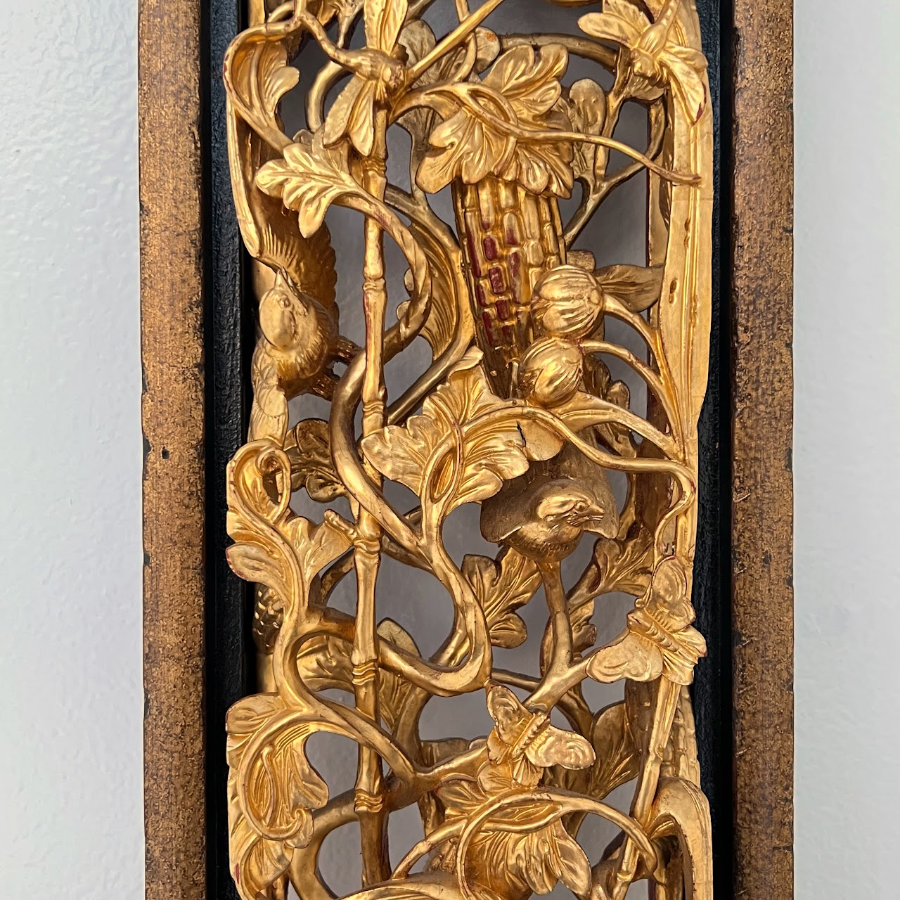 Chinese Giltwood High Relief Carved Wall Hanging Opposing Pair