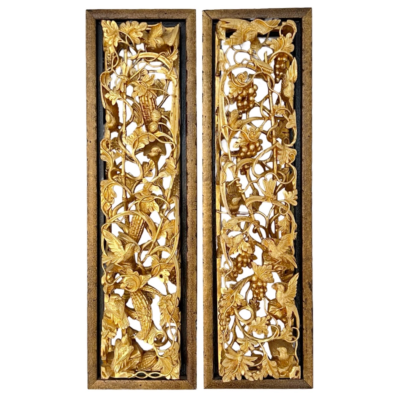 Chinese Giltwood High Relief Carved Wall Hanging Opposing Pair