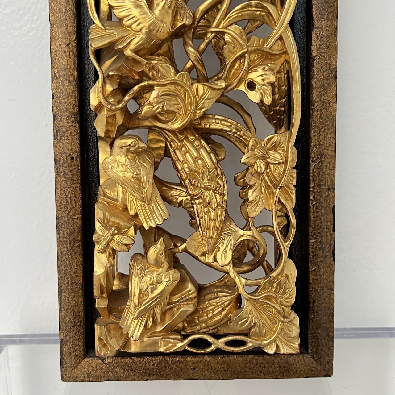 Chinese Giltwood High Relief Carved Wall Hanging Opposing Pair