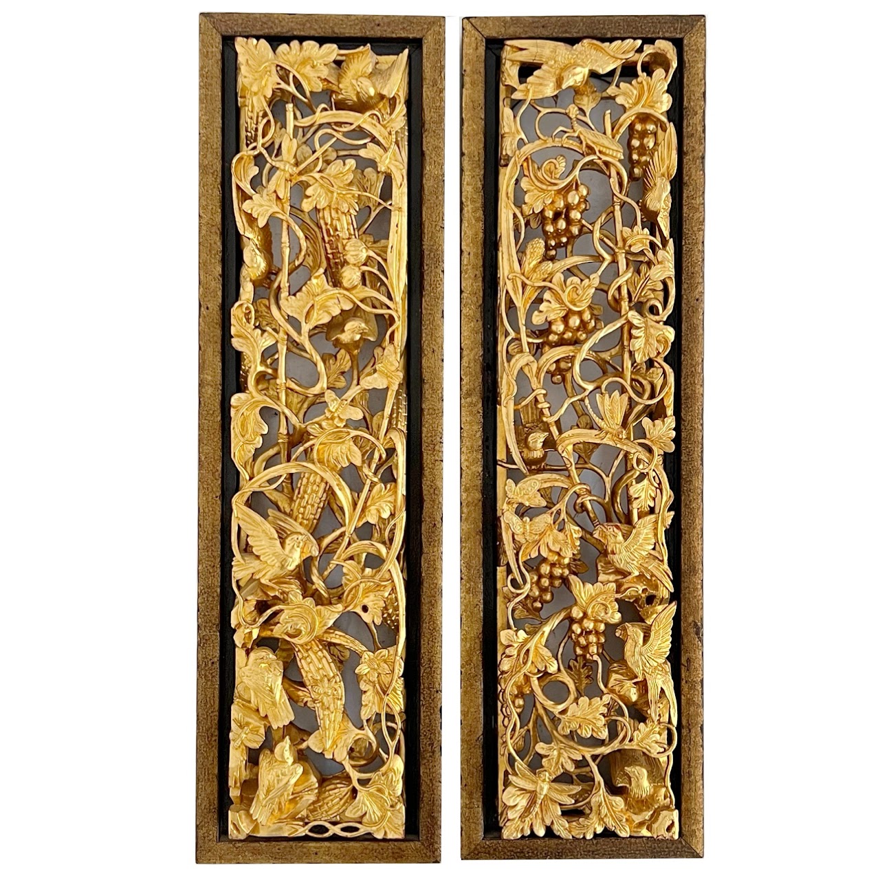 Chinese Giltwood High Relief Carved Wall Hanging Opposing Pair