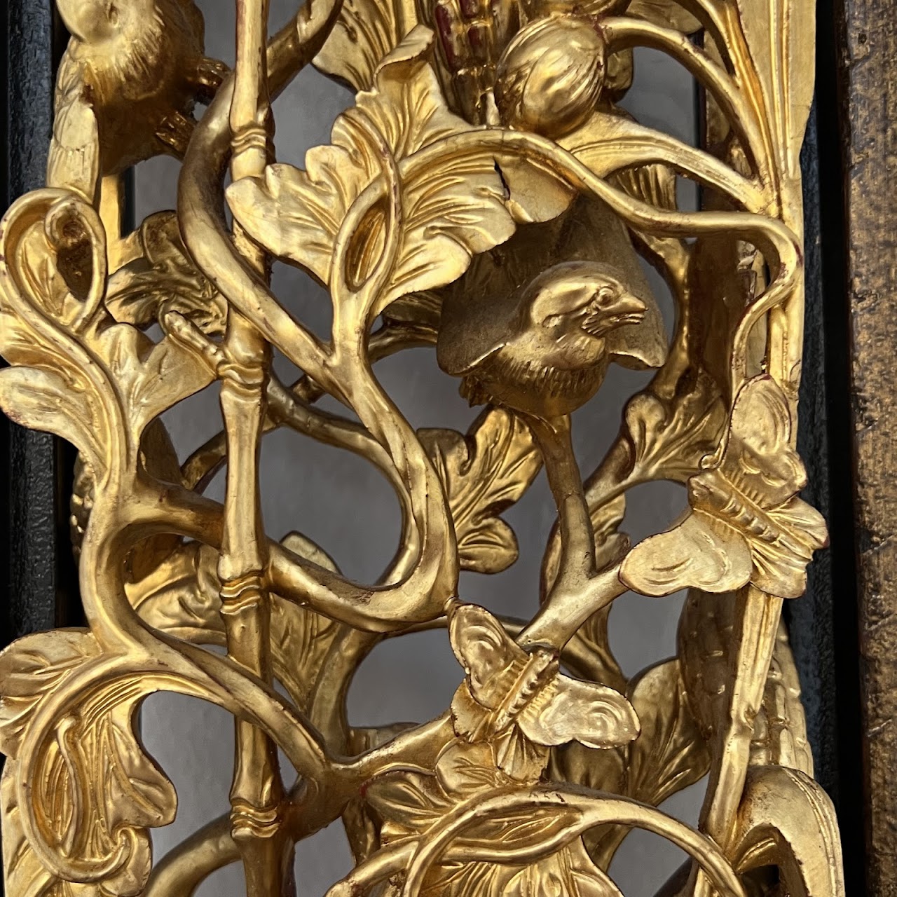 Chinese Giltwood High Relief Carved Wall Hanging Opposing Pair