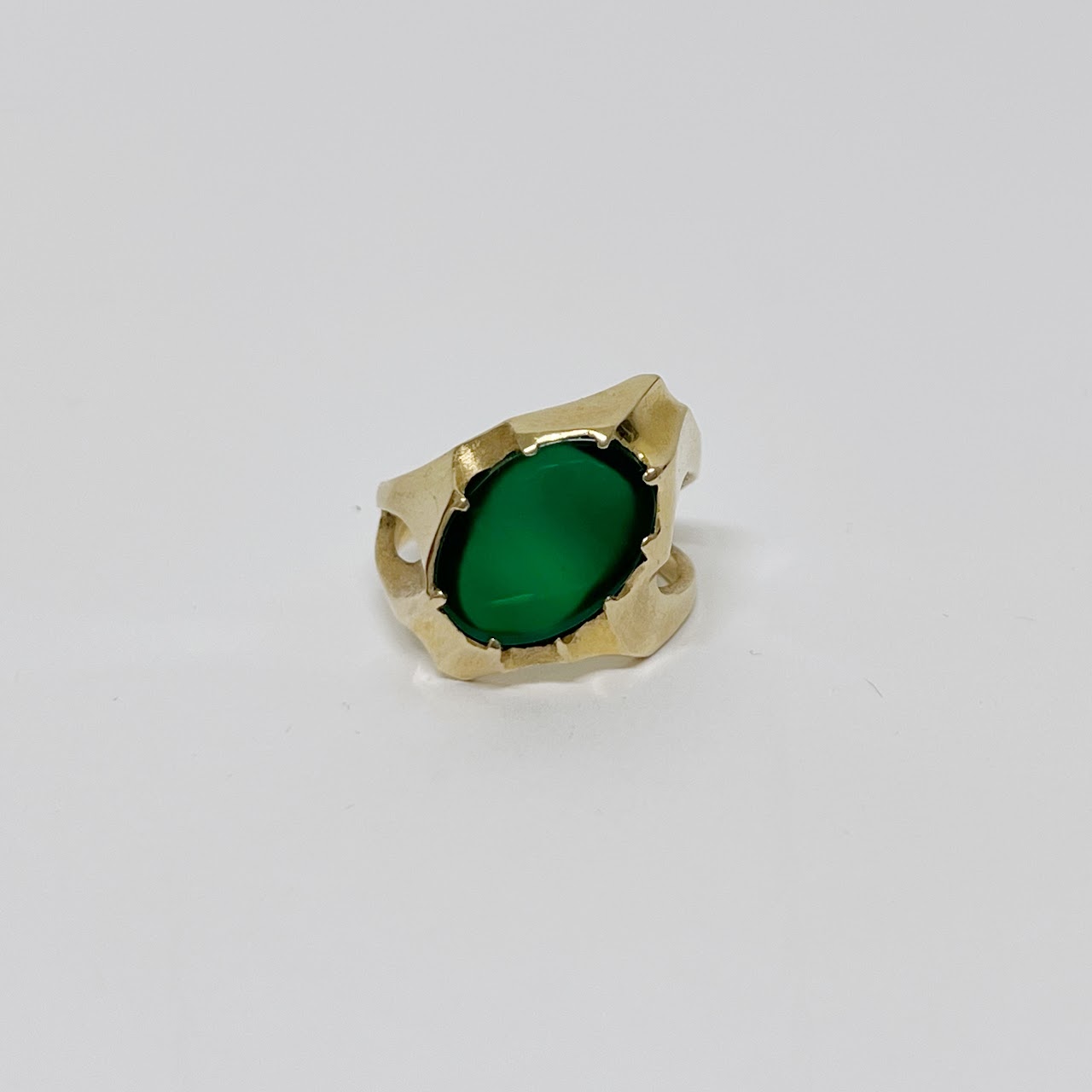 14K Gold and Green Stone Modernist Ring