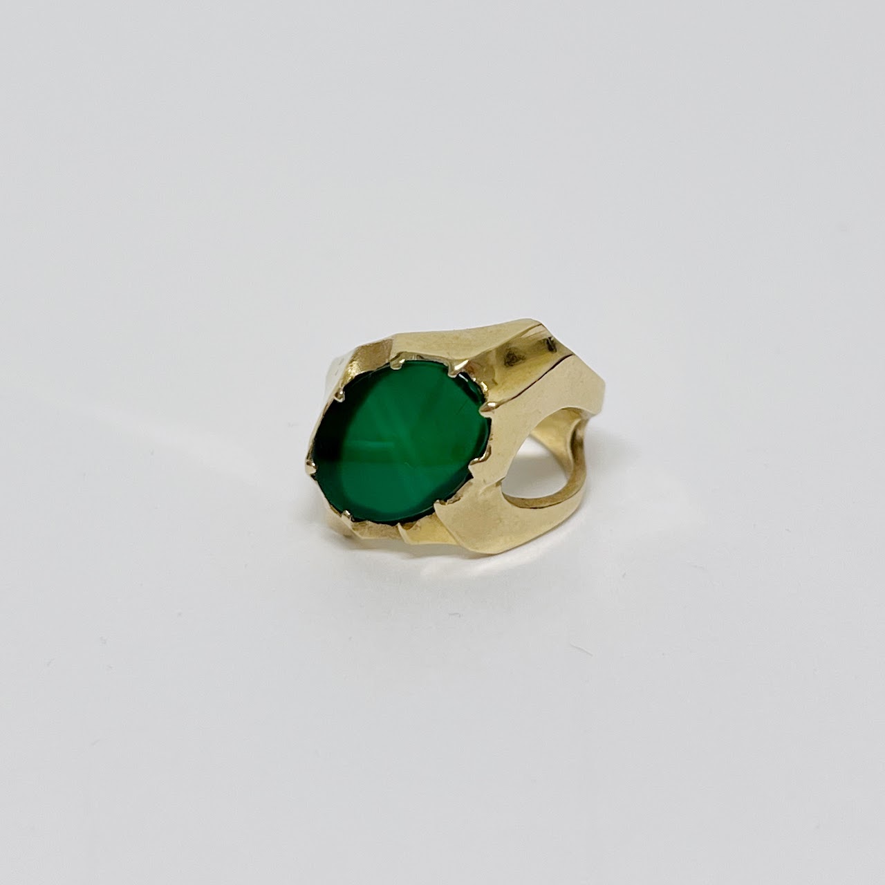 14K Gold and Green Stone Modernist Ring