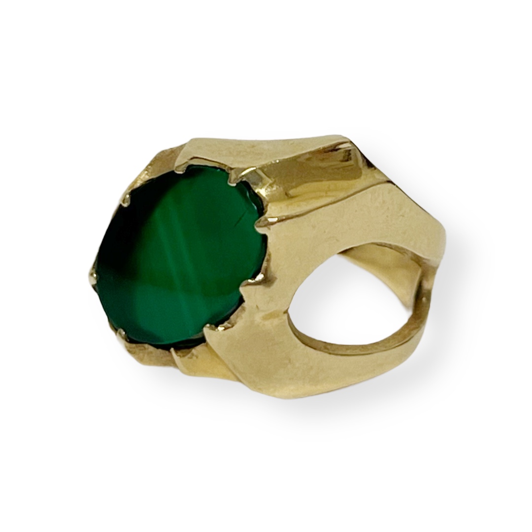 14K Gold and Green Stone Modernist Ring