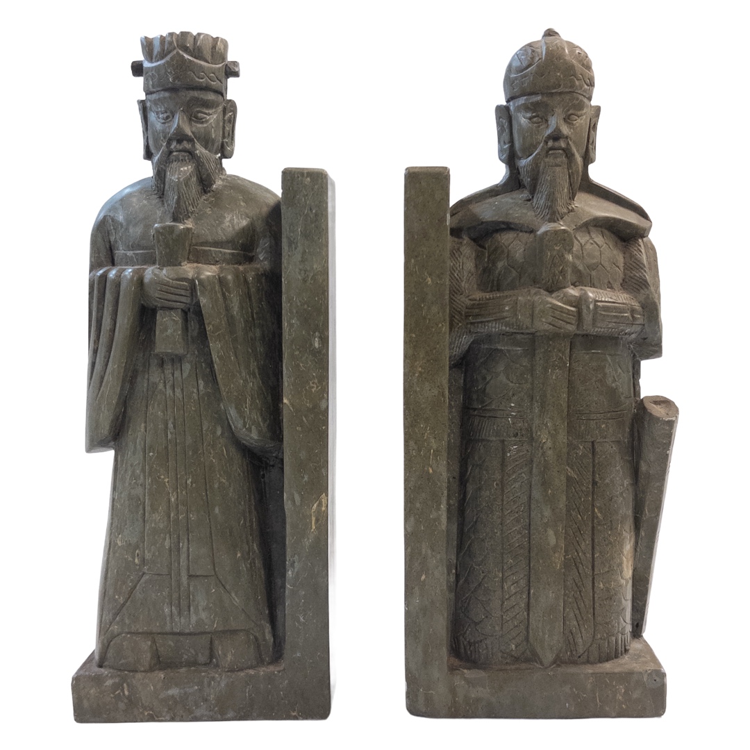 Vintage Carved Stone Warrior and Scholar Bookends