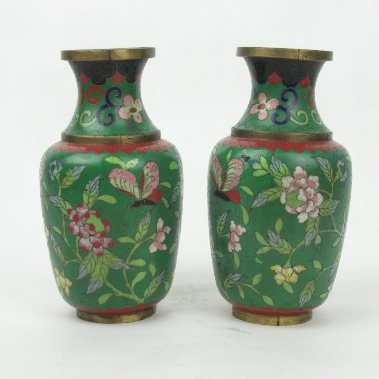 Cloisonné Pair Of Green Vases