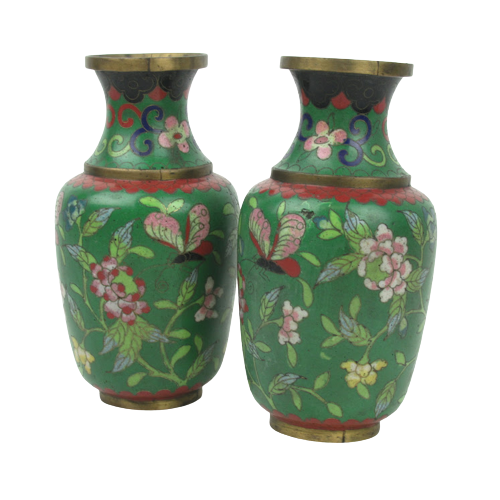 Cloisonné Pair Of Green Vases