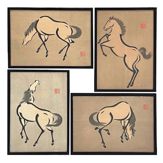Urushibara Mokuchu Signed Horse Woodblock Print Set of Four