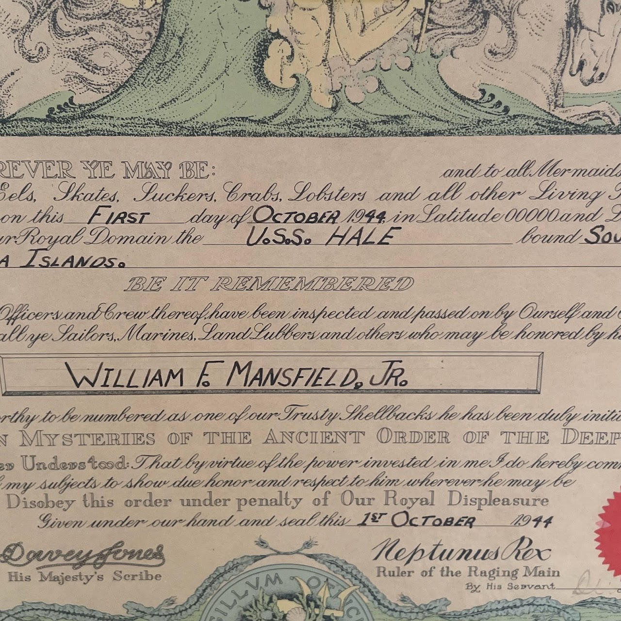 1944 Imperium Neptuni Regis Naval Certificate