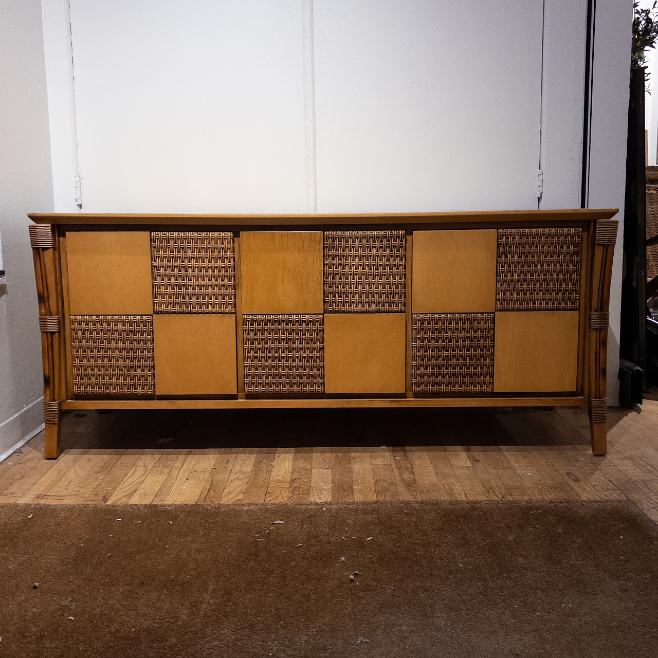 Mid-Century Hardwood and Rattan Checkerboard Credenza