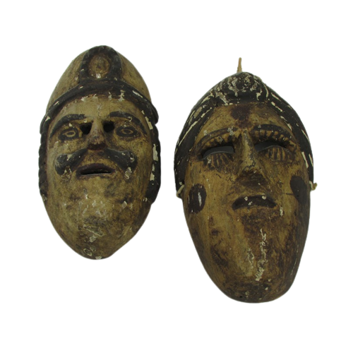 Hand Carved Wood Primitive Mask Duo