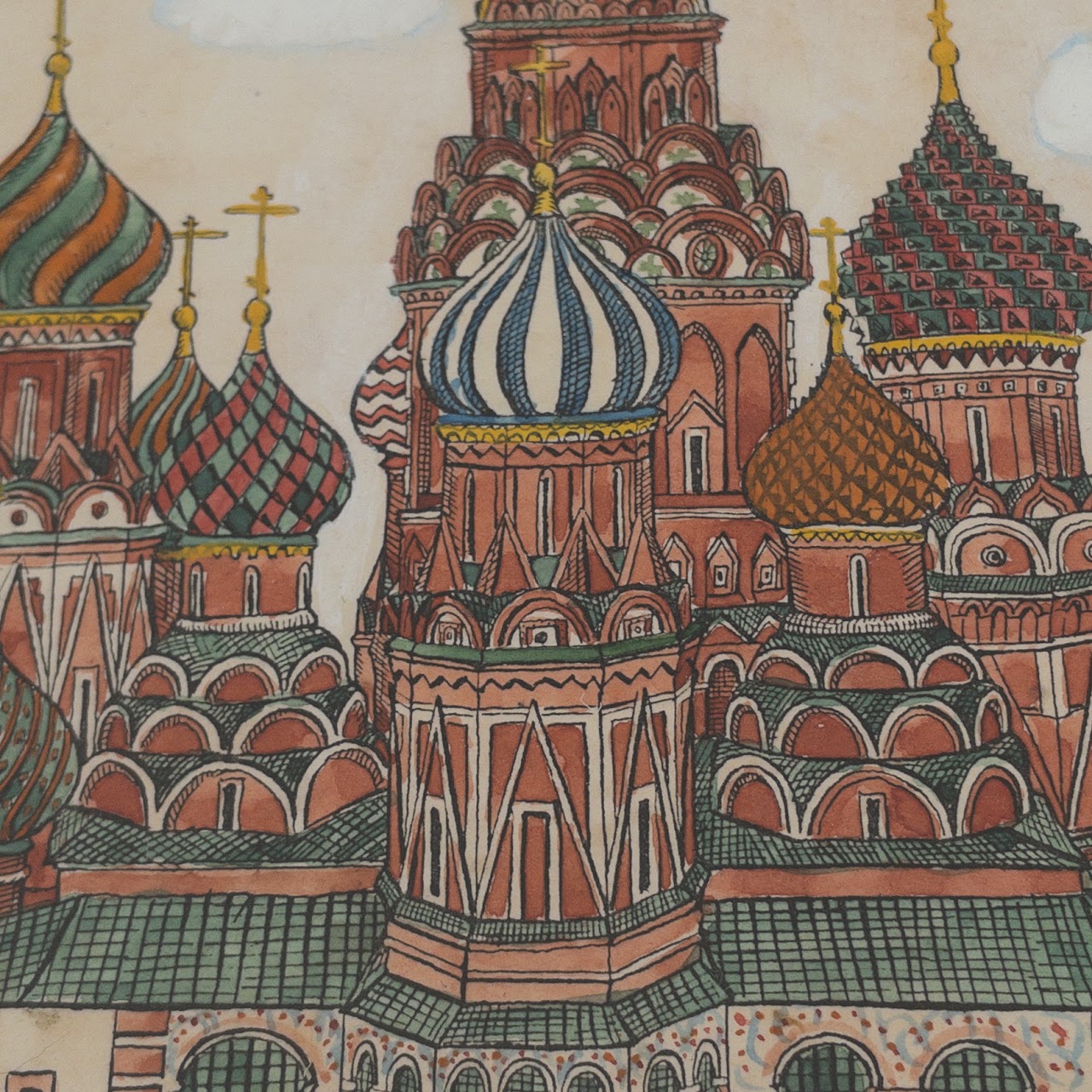 Saint Basil's Cathedral, Moscow, Watercolor, Gouache & Ink Painting