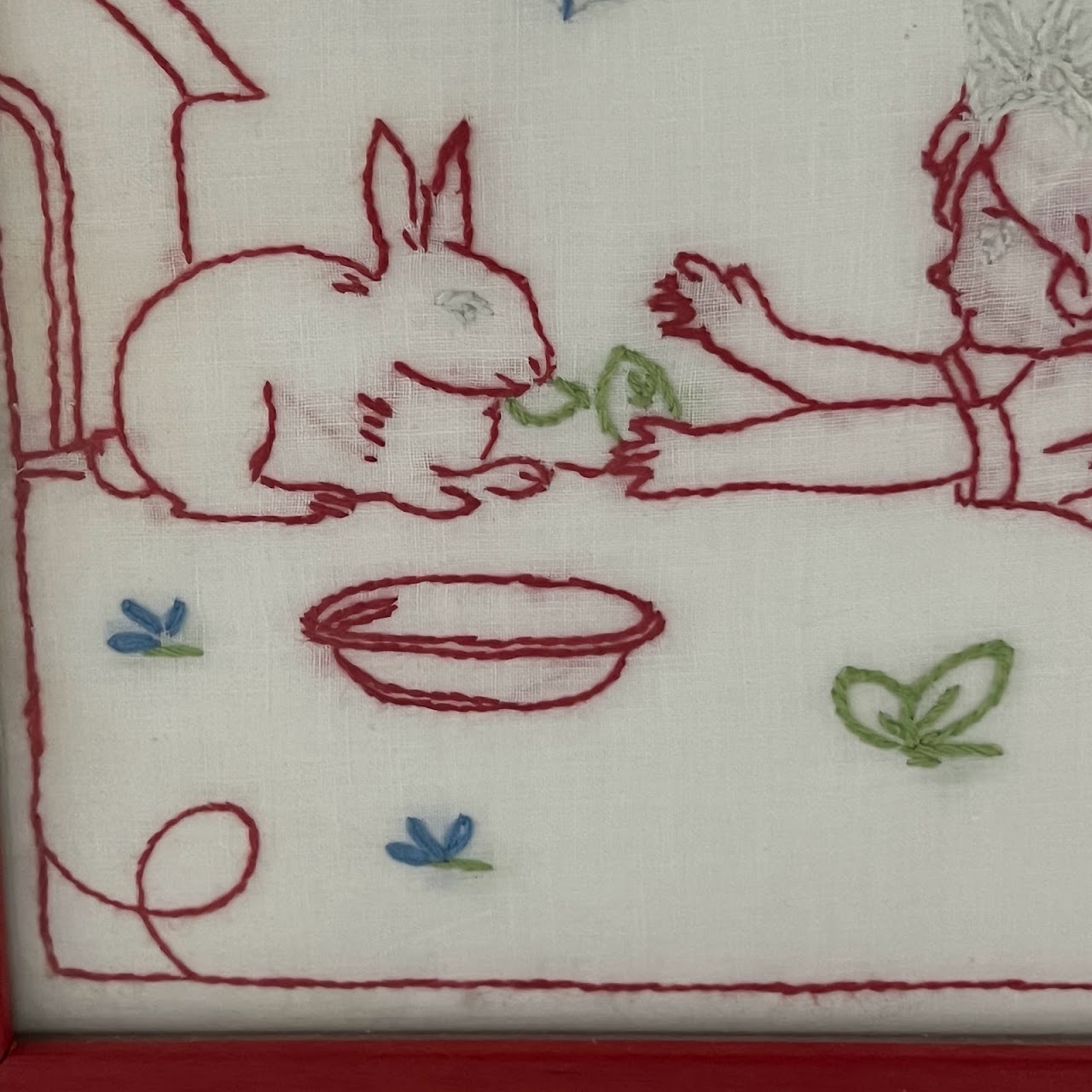 Rabbit and Child Framed  Vintage Hand-Embroidered Handkerchief