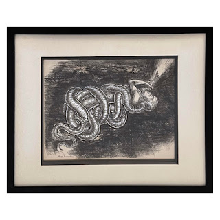 1970s Serpent Deity Signed Ink and Gouache Drawing