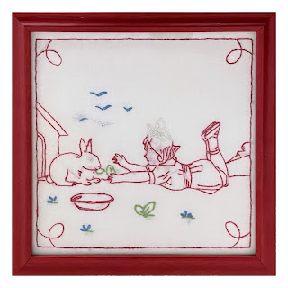Rabbit and Child Framed  Vintage Hand-Embroidered Handkerchief