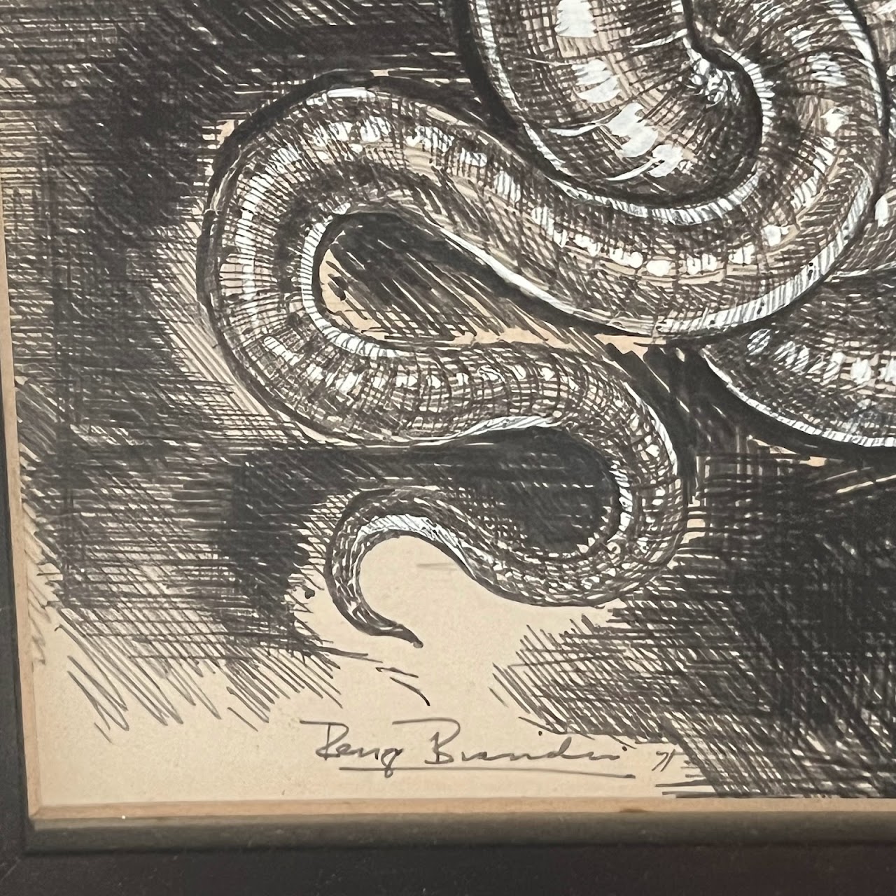1970s Serpent Deity Signed Ink and Gouache Drawing