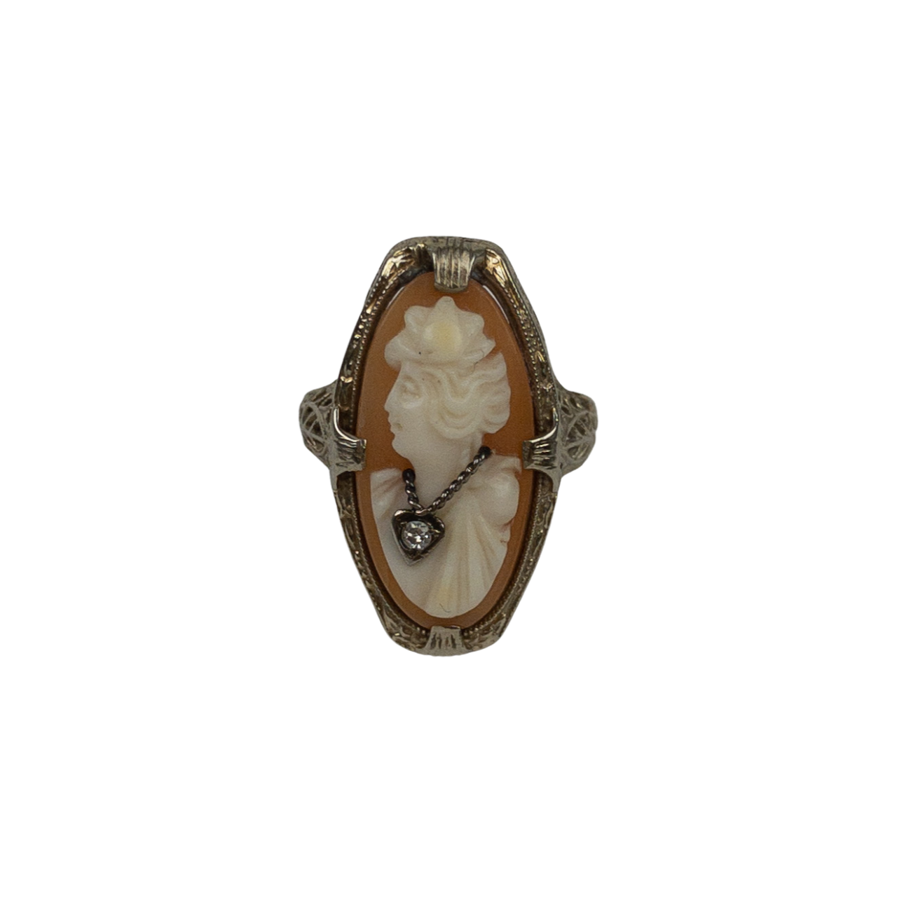 14K White Gold & Diamond Cameo Ring