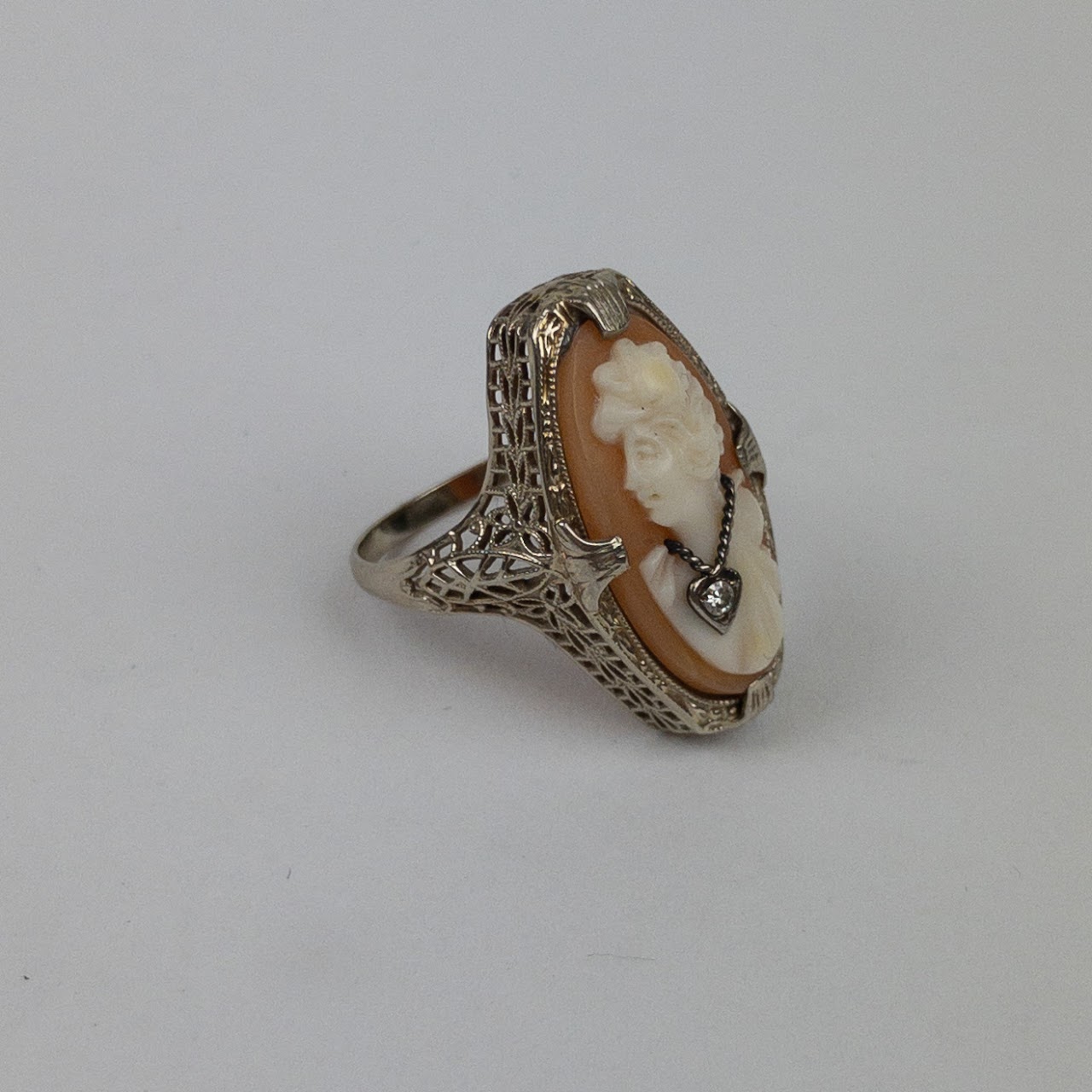 14K White Gold & Diamond Cameo Ring