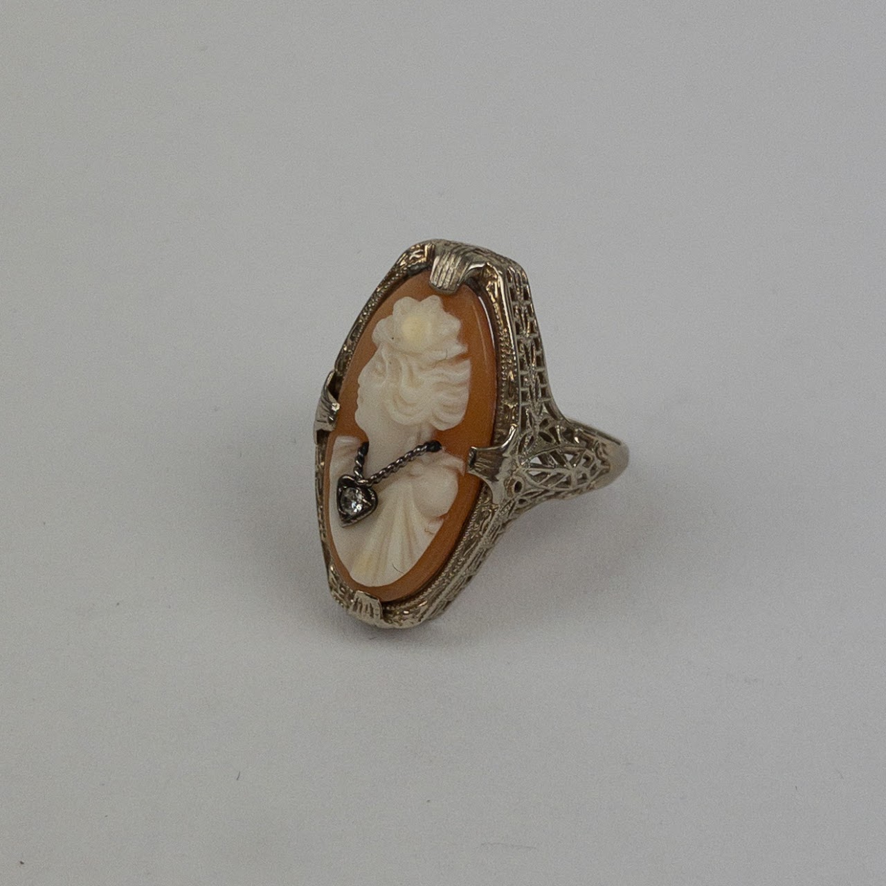 14K White Gold & Diamond Cameo Ring