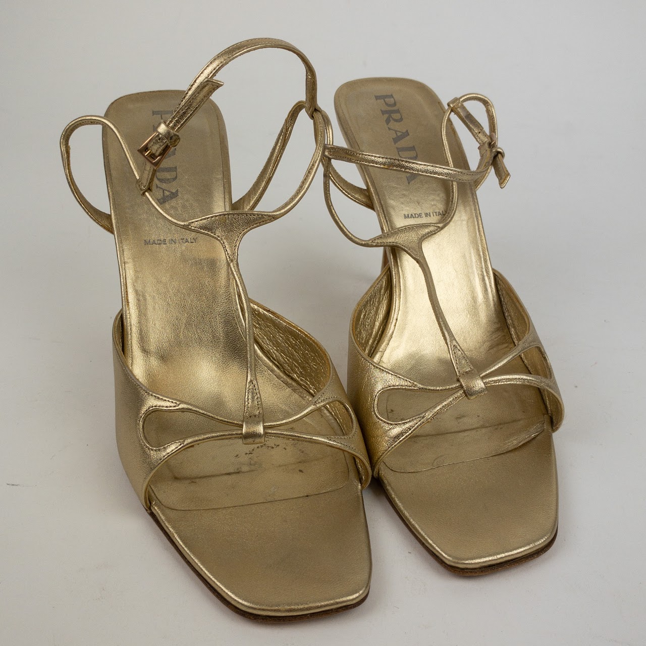 Prada Metallic T-Strap Sandals