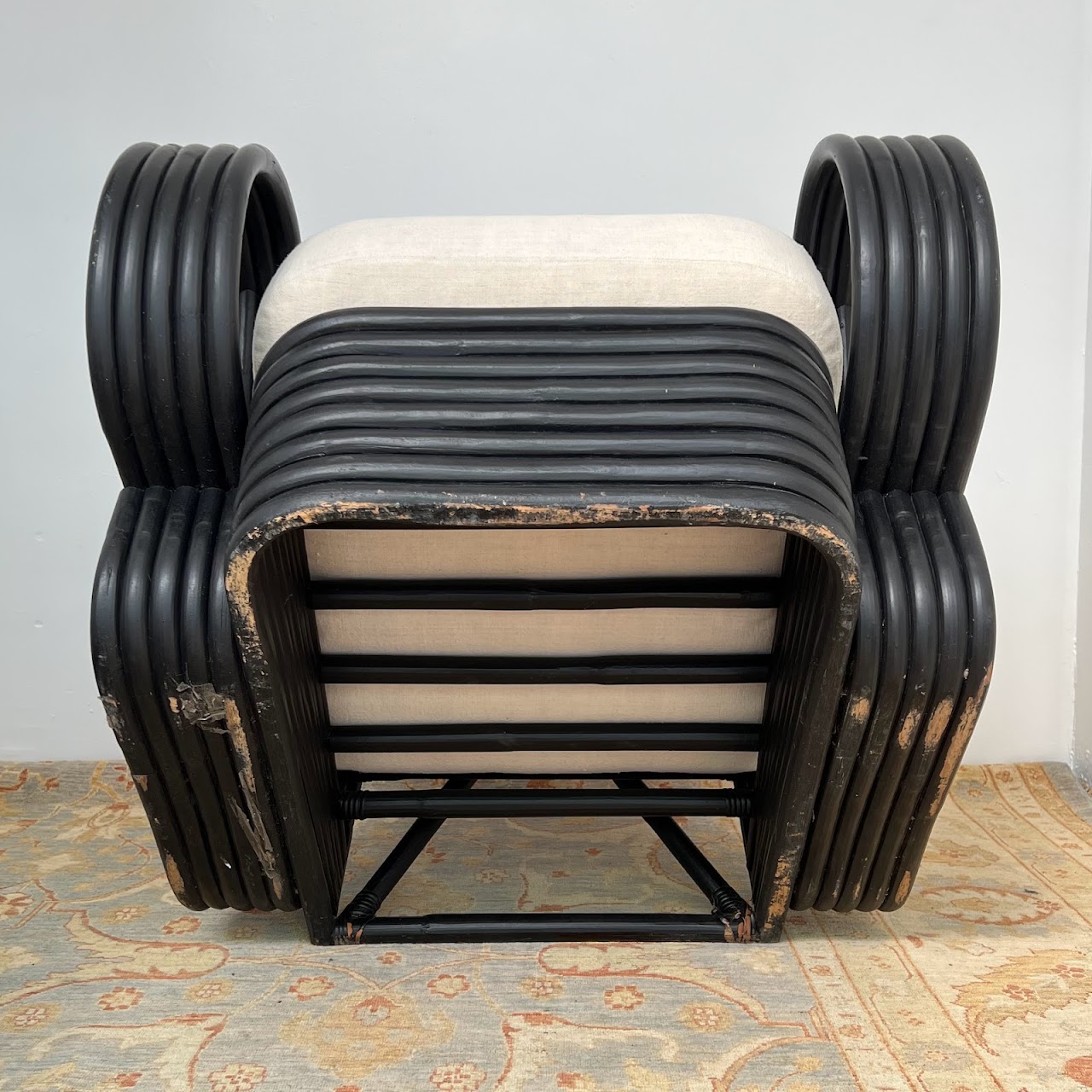 1950s Paul Frankl Style Five-Strand Rattan Pretzel Lounge Chair Pair