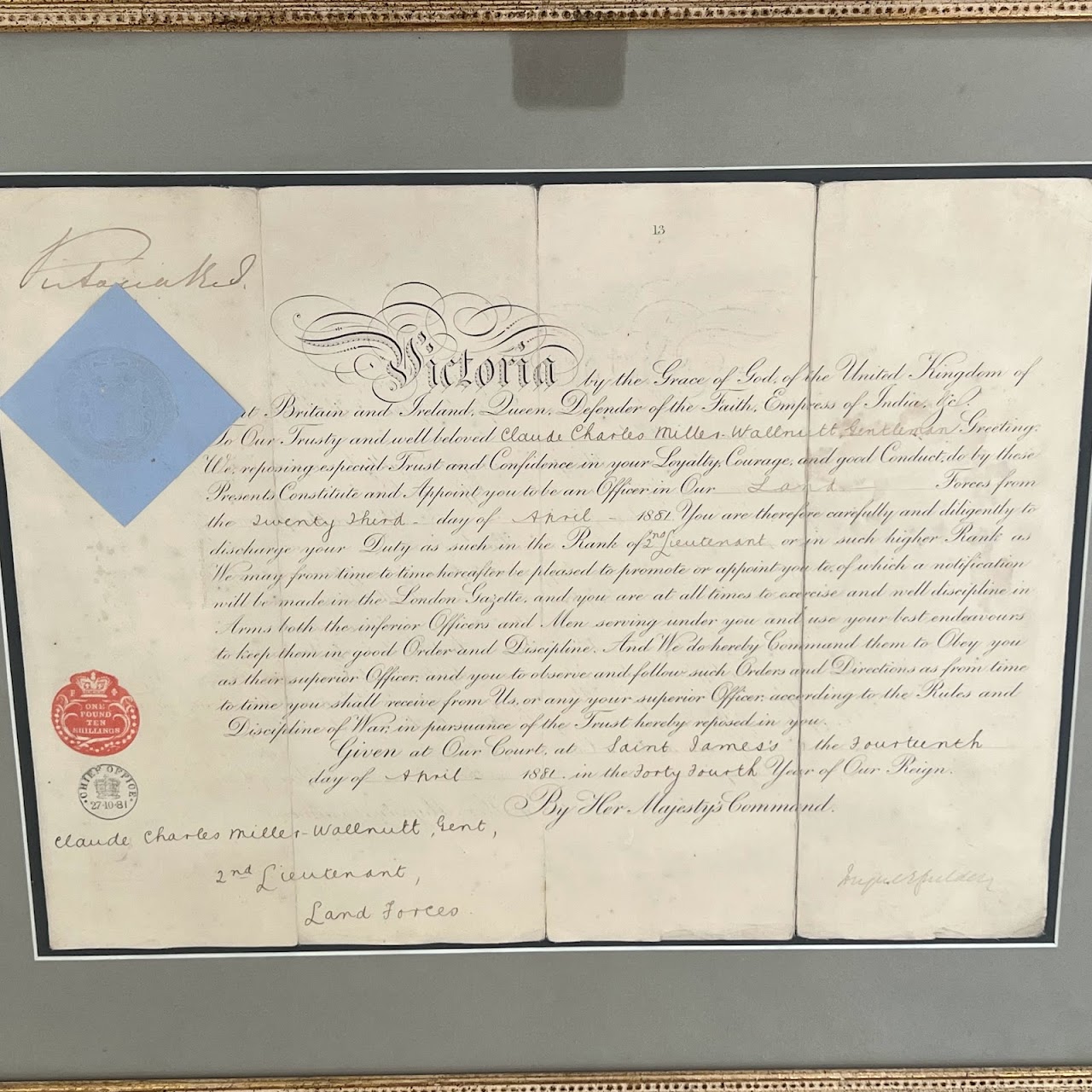 Queen Victoria Signed Military Ranking Certificate